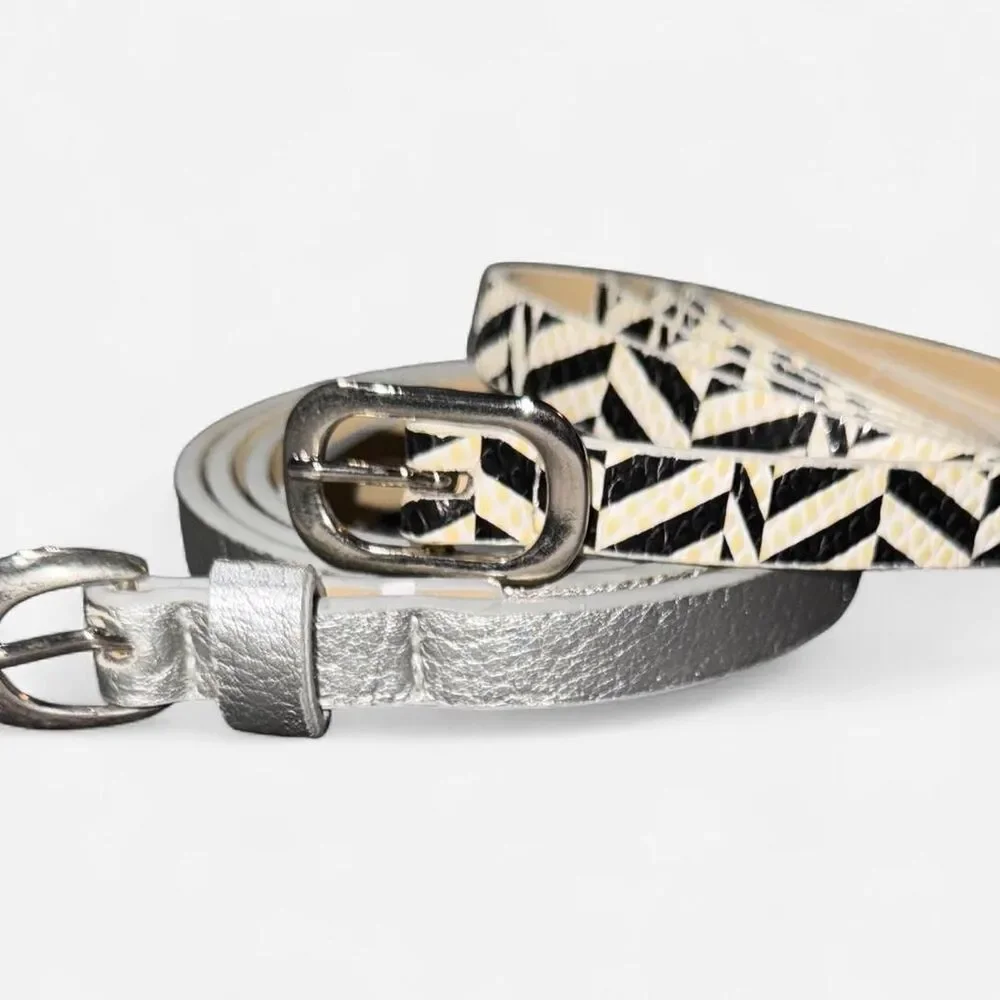 Y2K Madden Girl 2-Pack Skinny Fashion Belts, Silver Metallic and Black Geometric